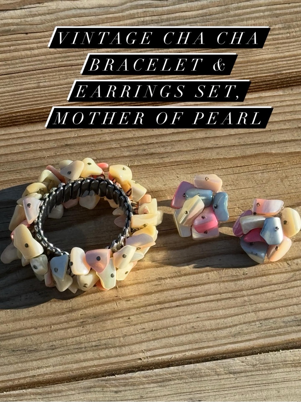 Vintage Cha Cha Bracelet & Earrings Set, Mother of Pearl